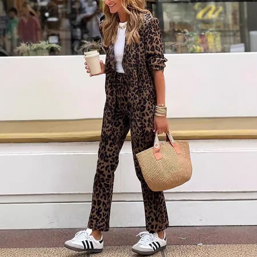 Women's Leopard Print Casual Fashion Trousers Suits