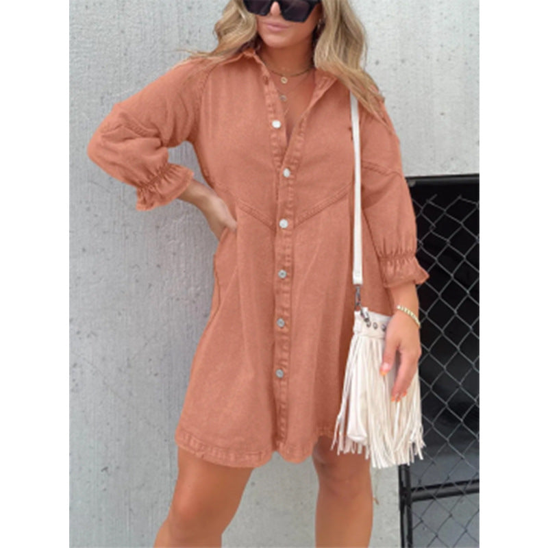 Washed Shirt Denim Lantern Sleeve Loose Dresses