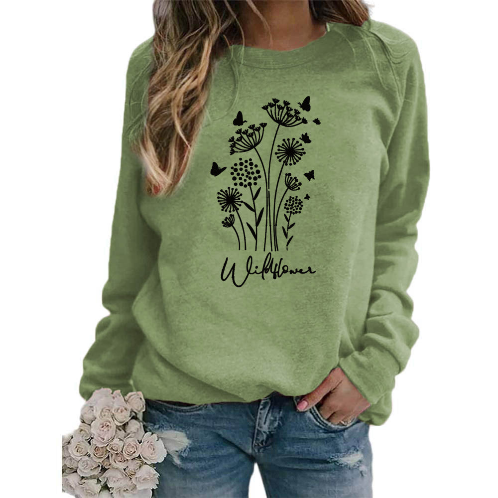 Women's Wild Grass Butterfly Printed Crew Neck Sweaters