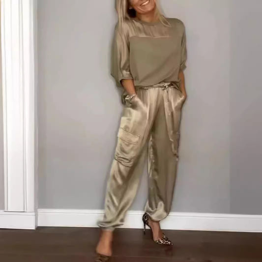 Ensemble deux pièces à manches mi-longues en satin lisse pour femme