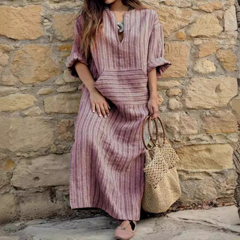 Cotton Linen Yarn-dyed Striped Loose Length Dresses