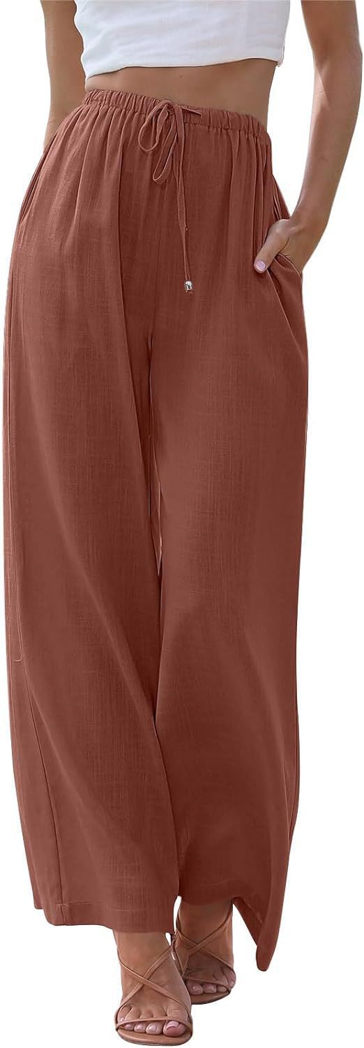 Pantalon large décontracté en lin pour femme avec cordon de serrage et poches