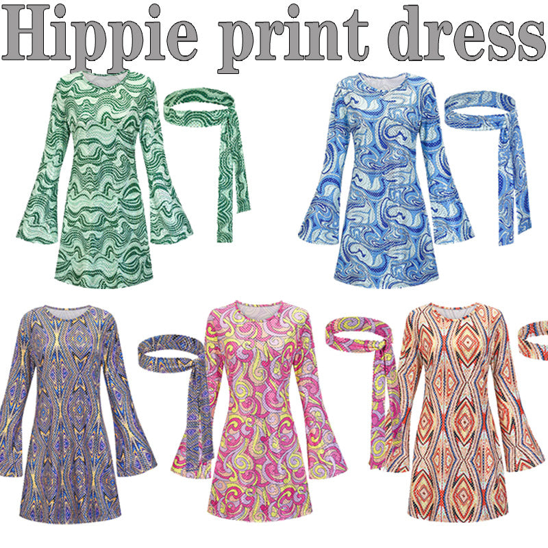 Robe imprimée hippie du siècle d'Halloween pour femmes pour costumes