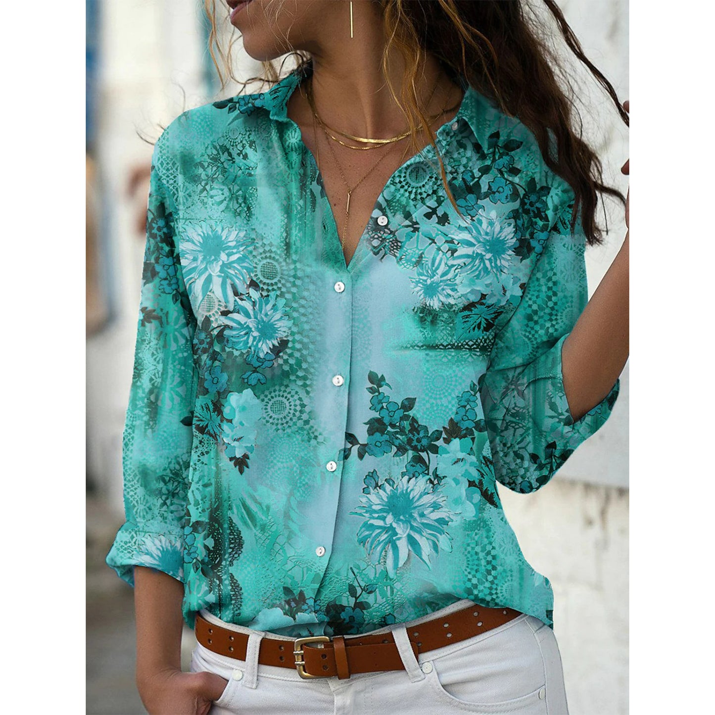 Women's Floral Print Shirt Ladies Long Sleeve Blouses