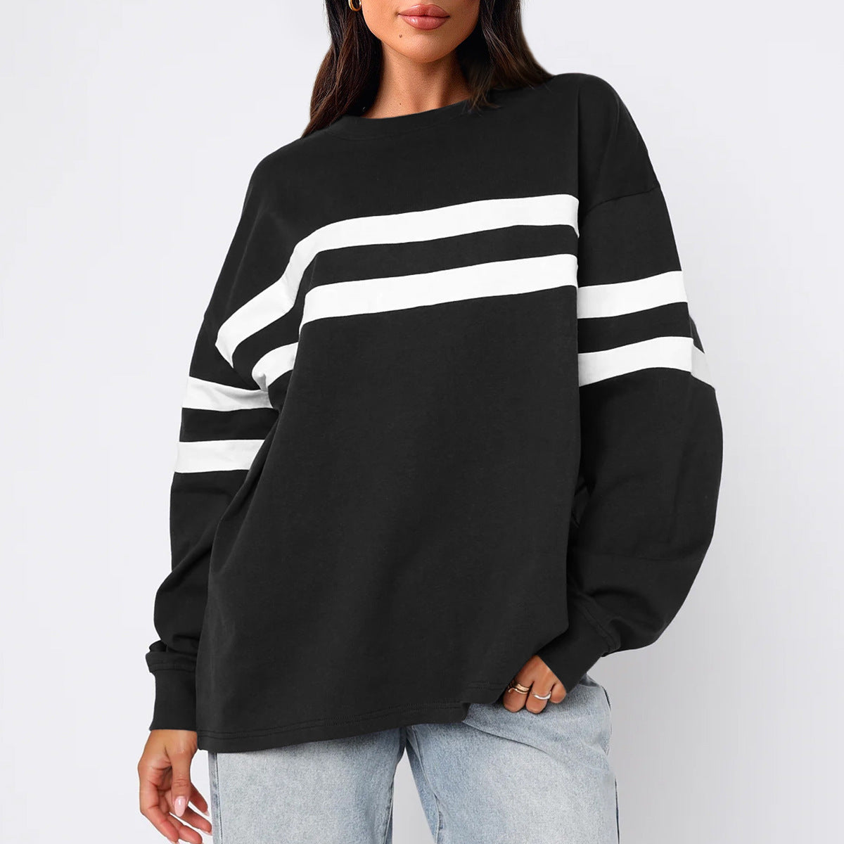 Women's Loose Striped Pullover Long-sleeved Shirt Contrast Sweaters