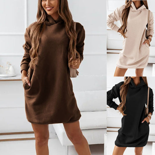 Women's Hooded Hipster Long-sleeved Solid Color Dresses