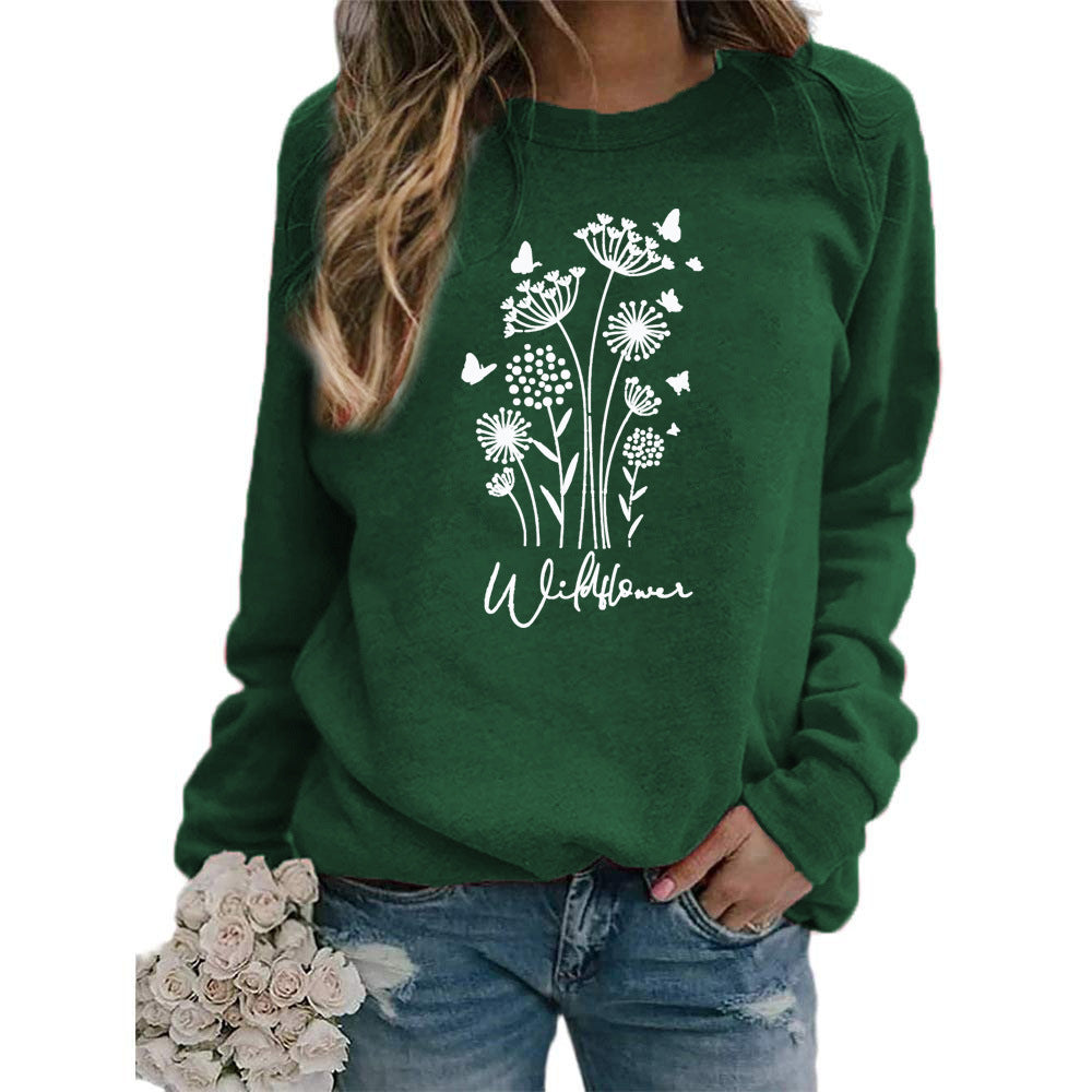 Women's Wild Grass Butterfly Printed Crew Neck Sweaters