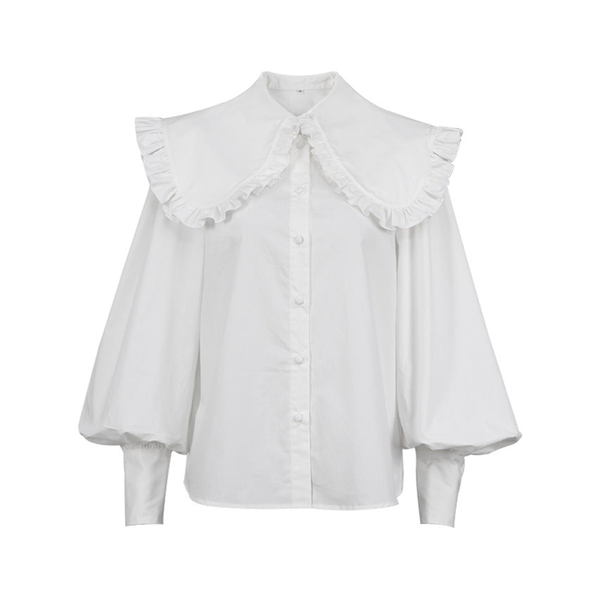 Women's Temperament Collar White Cotton Long Sleeve Blouses