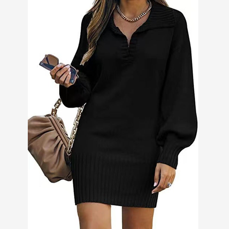 Women's Mid-length Lapel Lantern Sleeve Knitted Solid Sweaters