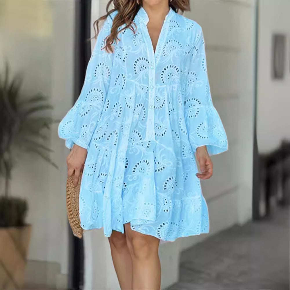 Solid Color Loose Embroidered Cutout Lace Dresses