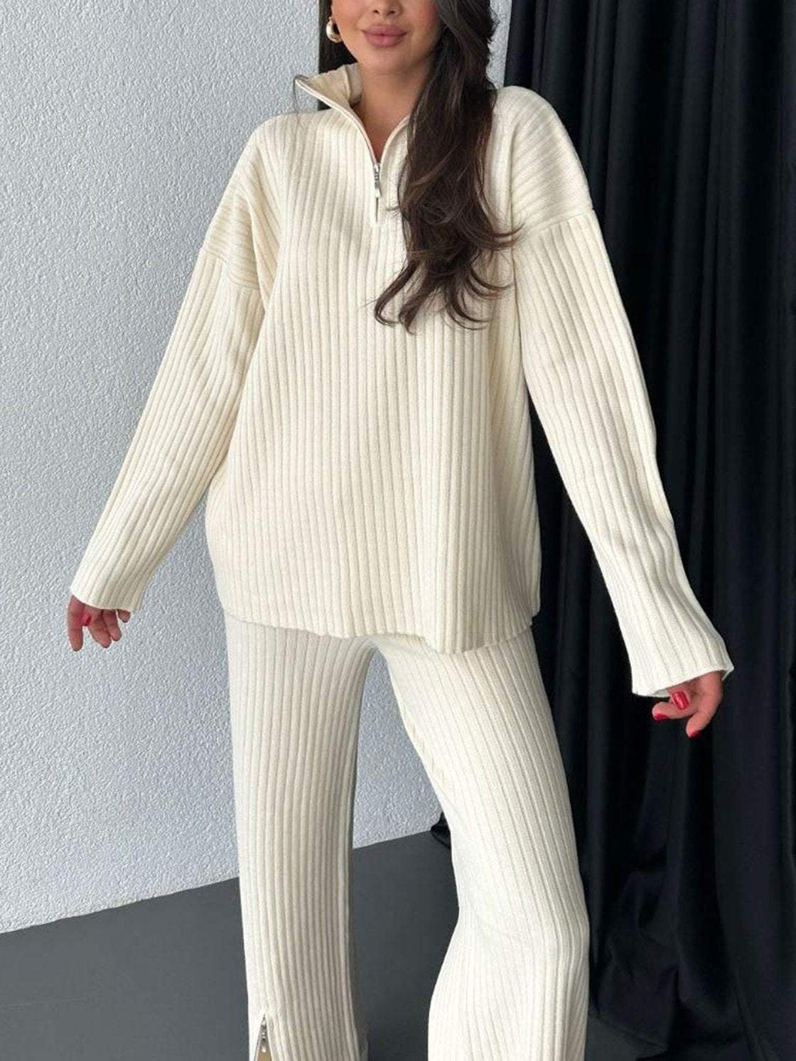 Women's Solid Color Zipper Knitting High Neck Ribbing Home Wear Suits