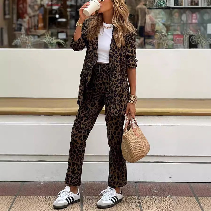 Women's Leopard Print Casual Fashion Trousers Suits