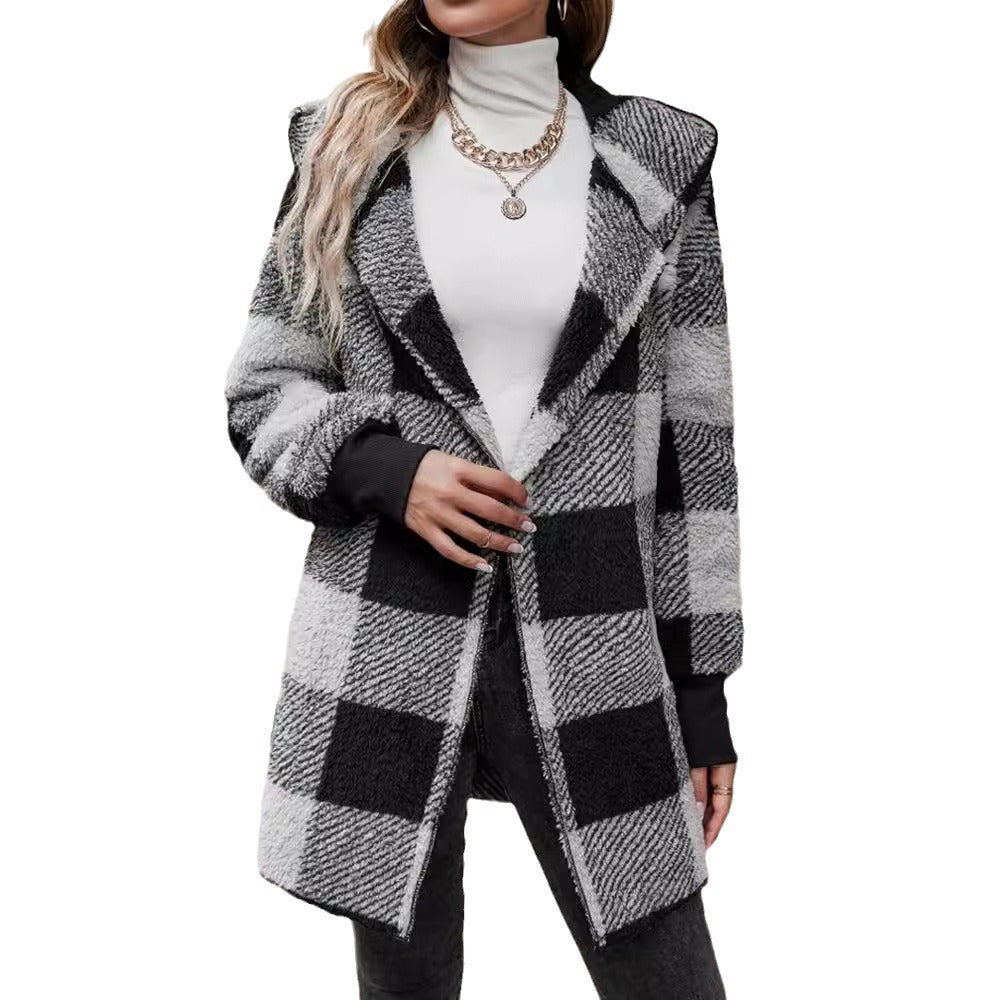 Women's Loose Plaid Color Stitching Knitted Fashion Coats