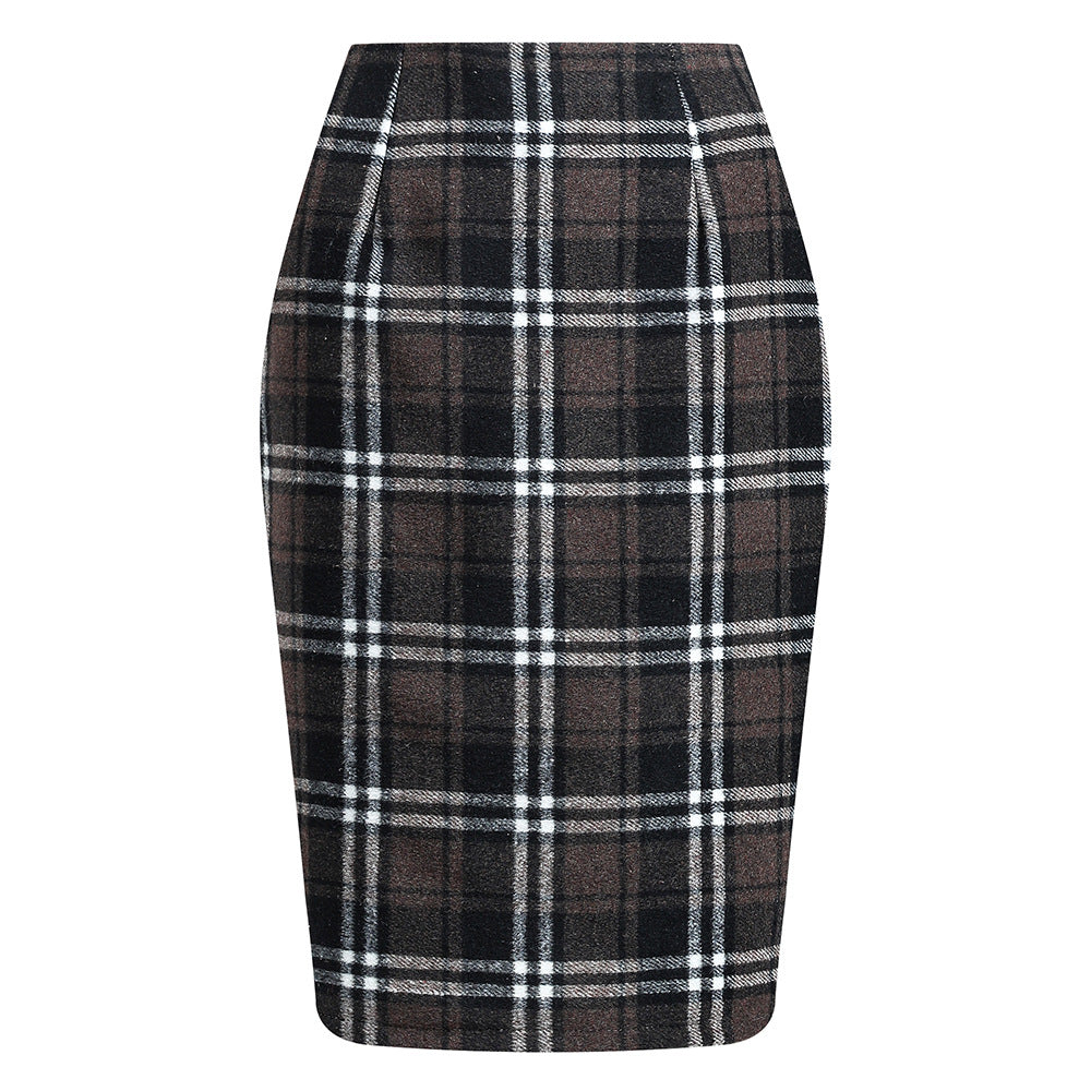 Women's Tartan High Waist Tight Knee-length Wool Skirts