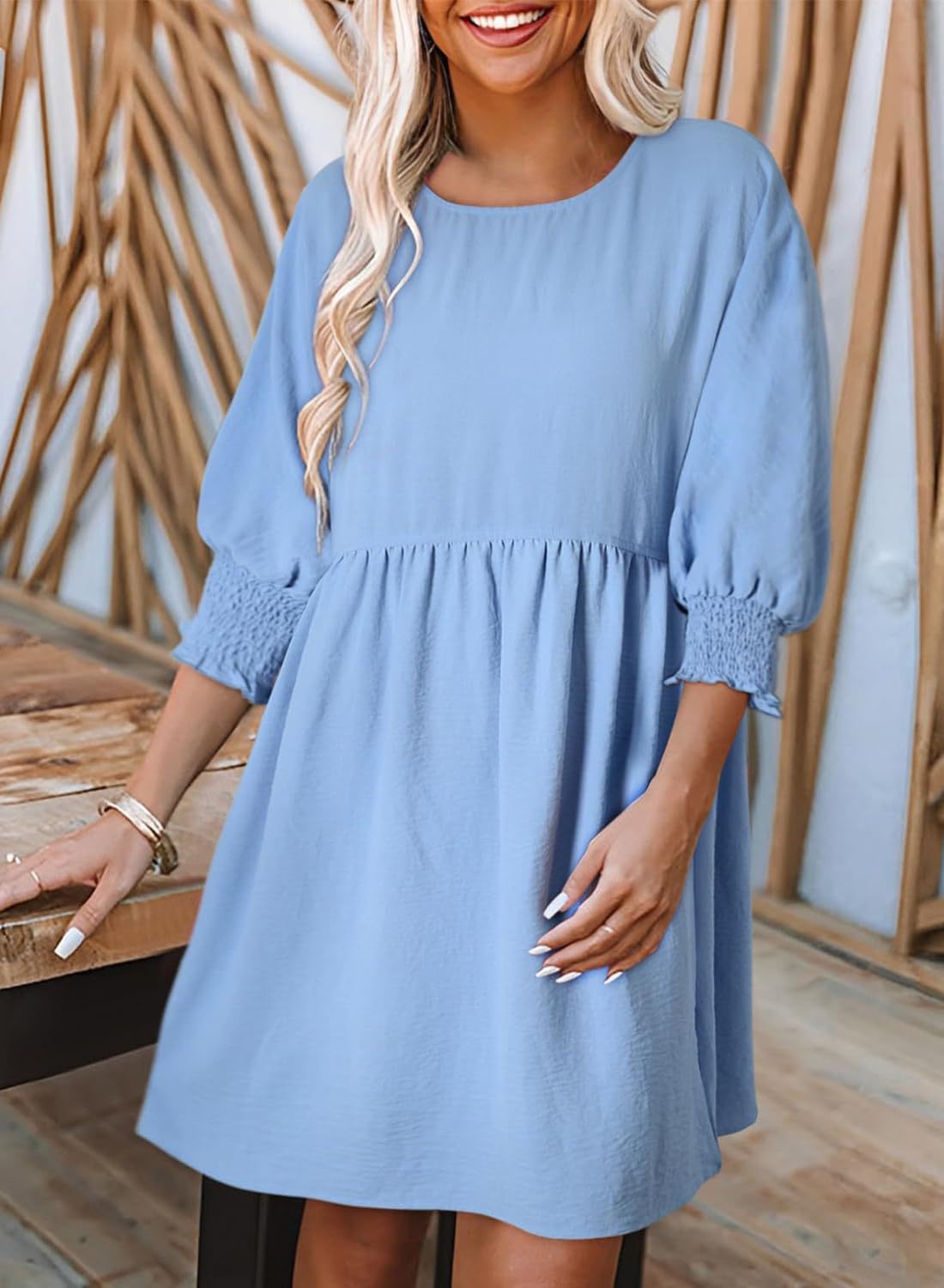 Women's Casual Loose Round Neck Batwing Smocking Dresses