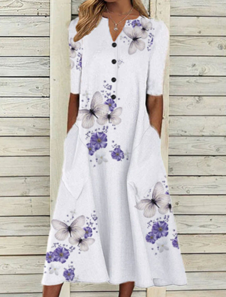 Women's Printed Pocket V-neck Loose Casual Long Dresses