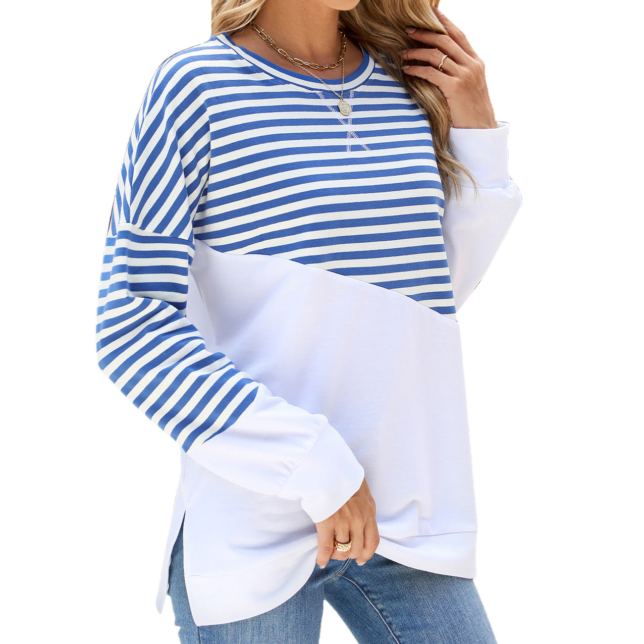 Women's Solid Color Round Neck Contrast Striped Sweaters