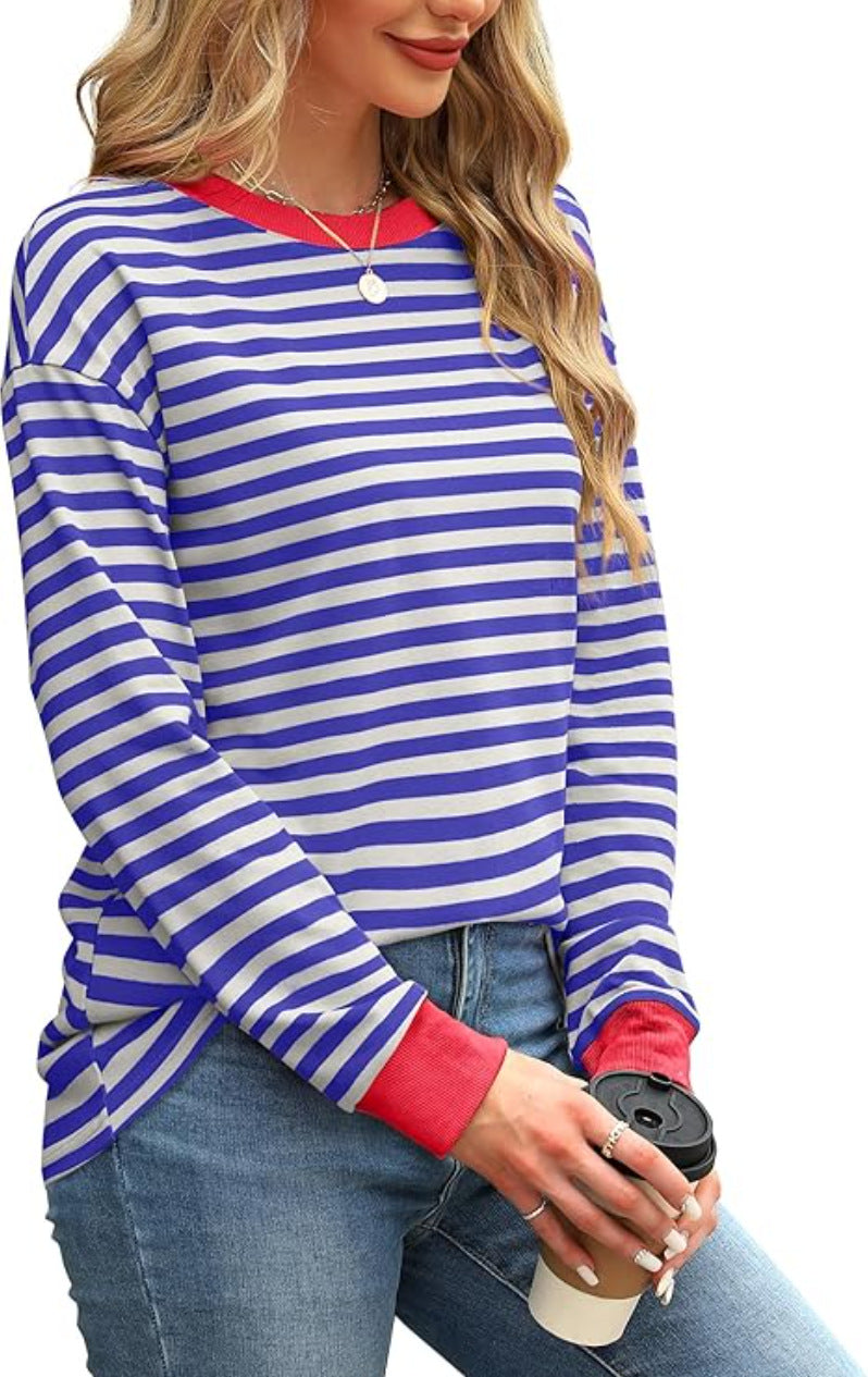 Women's Fashion Color Contrast Loose Round Neck Tops