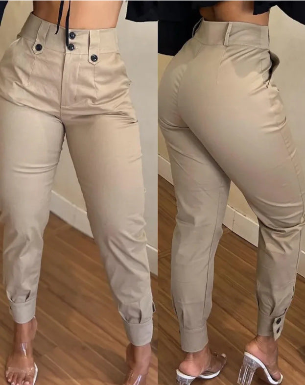 Pantalon à bandes de cheville avec poches et boutons à la taille pour femme