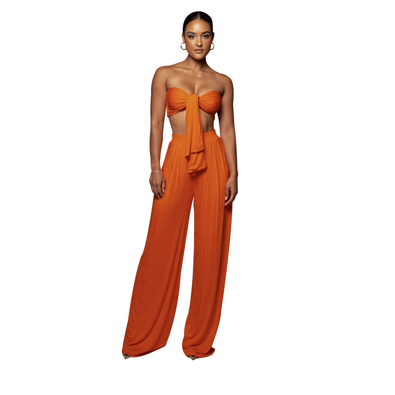 Women's Pure Color Tied Tube Mid Waist Wide Suits