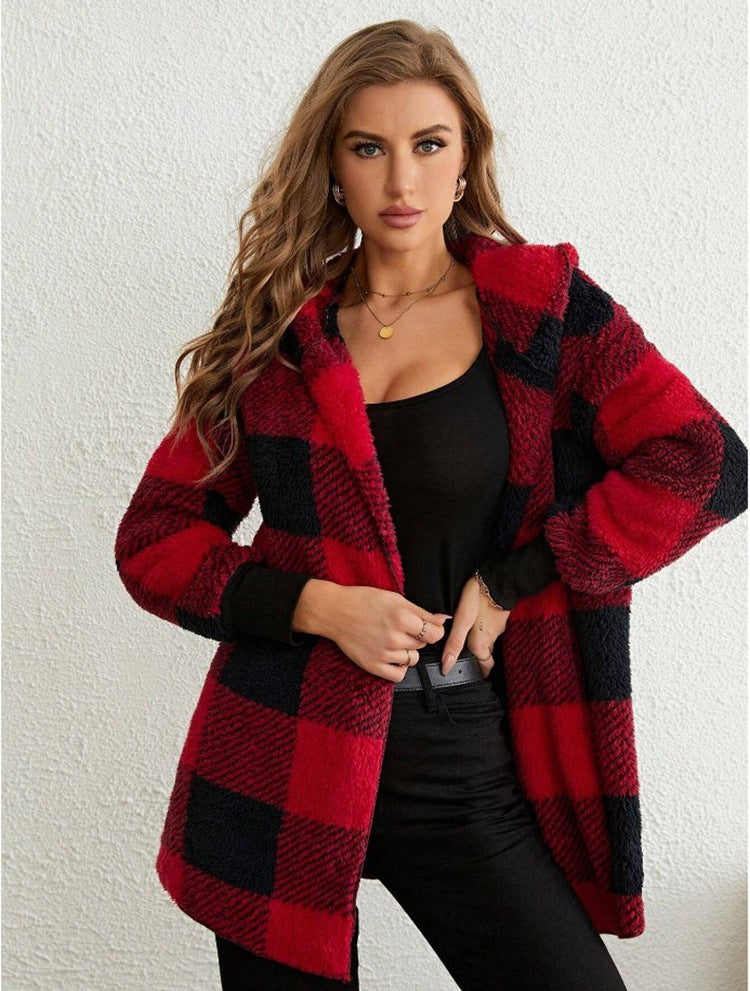 Women's Loose Plaid Color Stitching Knitted Fashion Coats