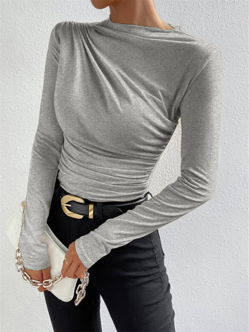 Women's Solid Color Bottoming Shirt Versatile Pleated Design Blouses