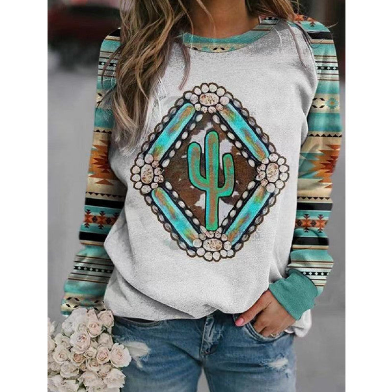 Women's Retro Printed Geometric Pattern Round Neck Long Sweaters