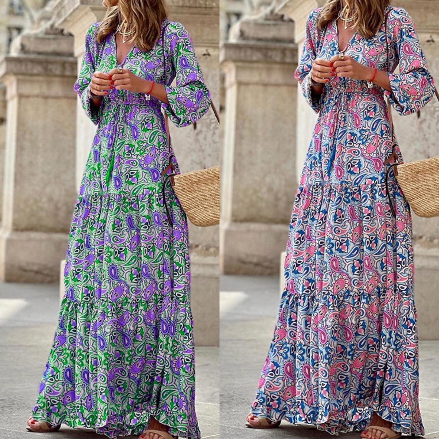 Women's Spring Elegant V-neck Bohemian Printed Large Dresses