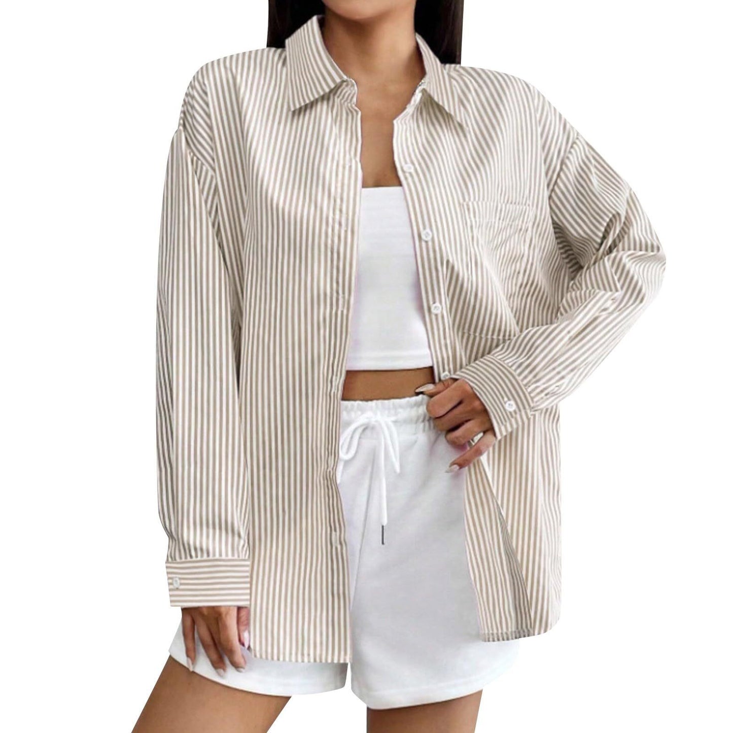 Women's With Pocket Loose Striped Classic Long Blouses