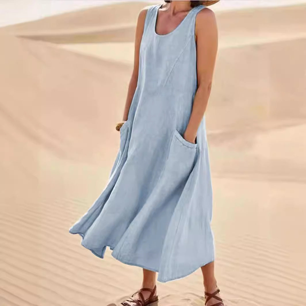 Women's Summer Pocket Sleeveless Round Neck Cotton Dresses