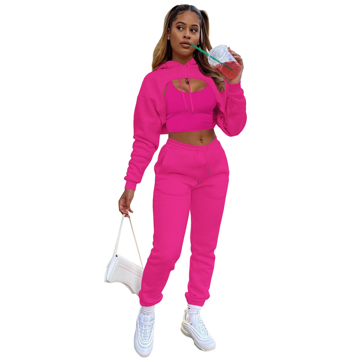 Women's Fashion Drawstring Hoodie Cotton Jogger Three-piece Suits