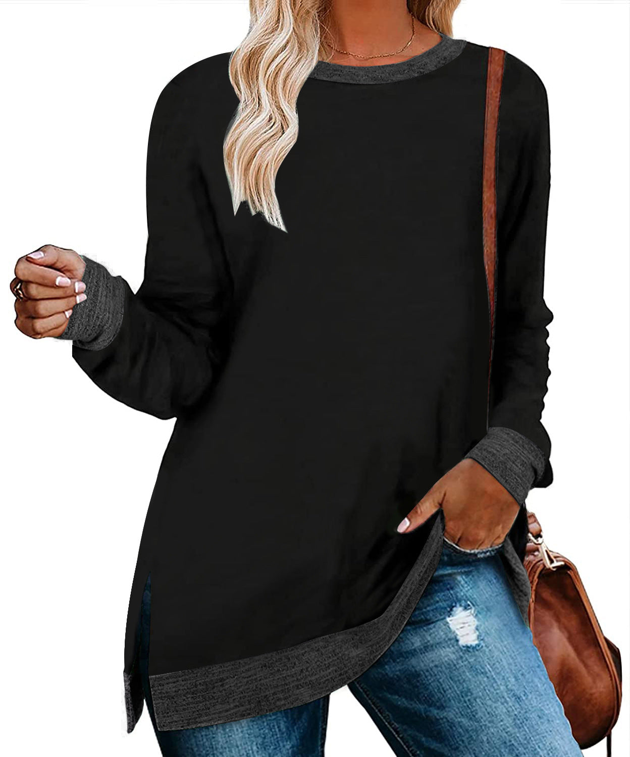 Women's Long Sleeve Round Neck Multicolor Loose Leisure Pullover Tops