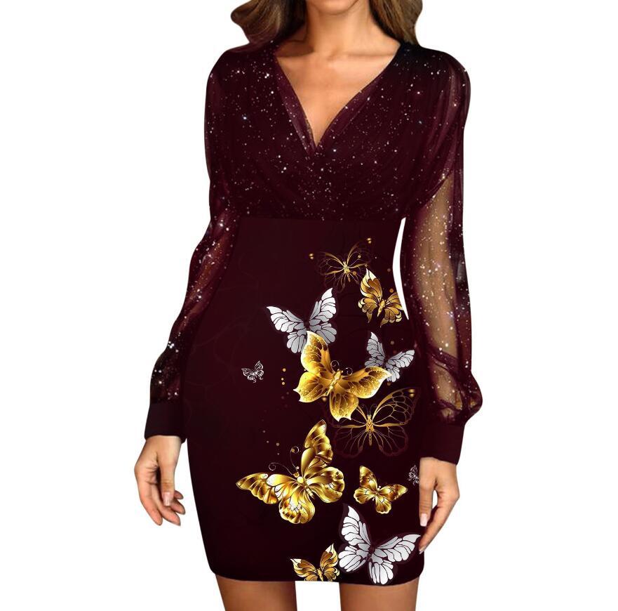 V-neck Sequined Slim Fit Sexy Print Dresses