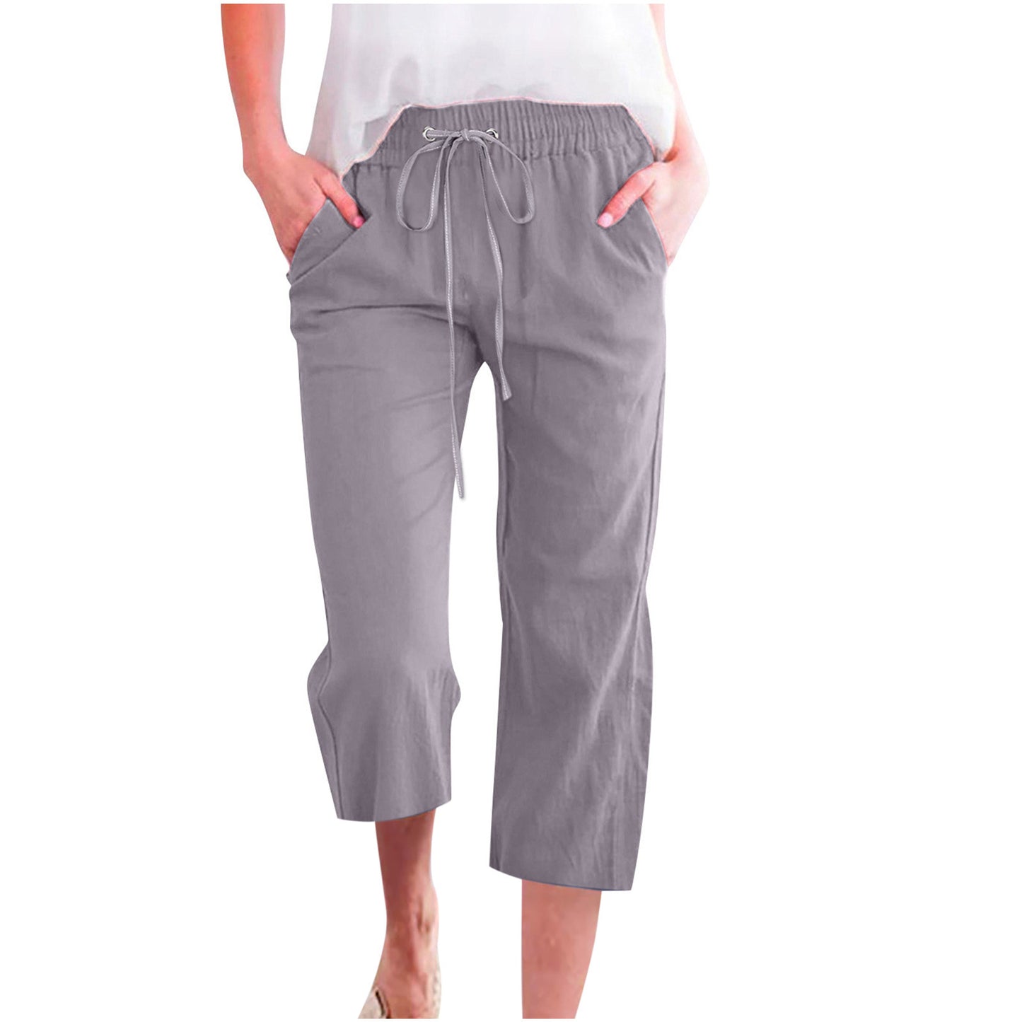 Pantalon décontracté ample en coton et lin pour femme avec poches droites