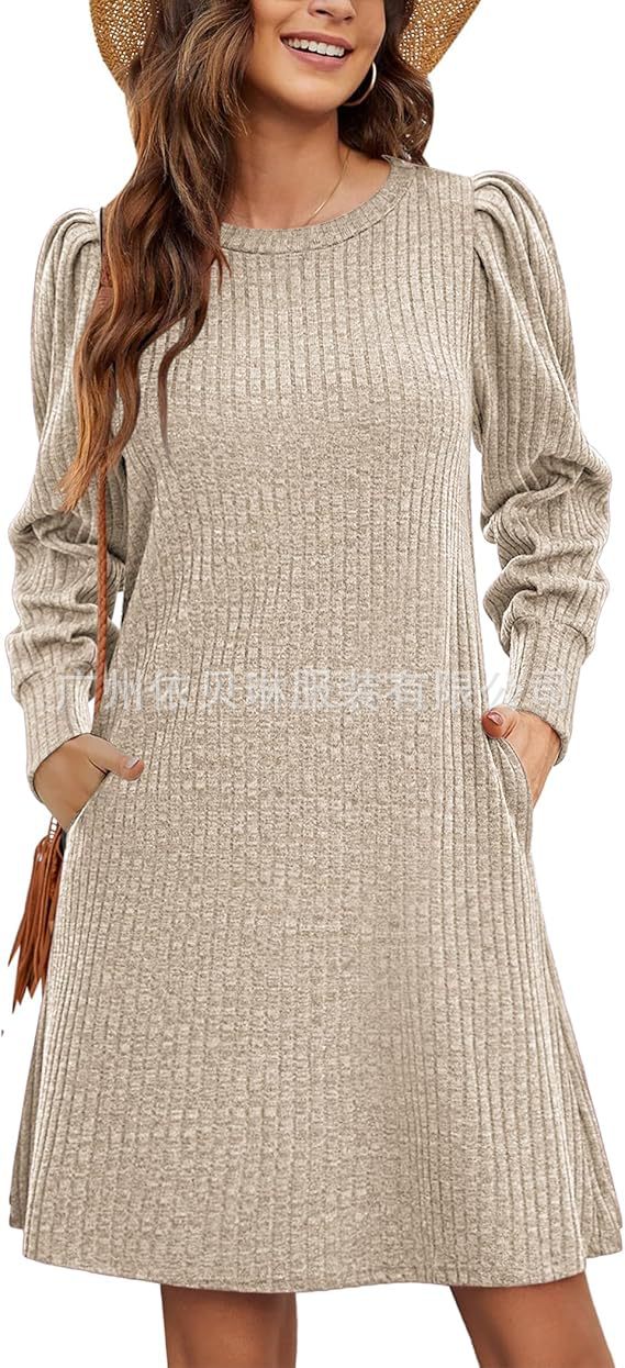 Women's Knitted Dress Bubble Long Sleeve Crew Dresses