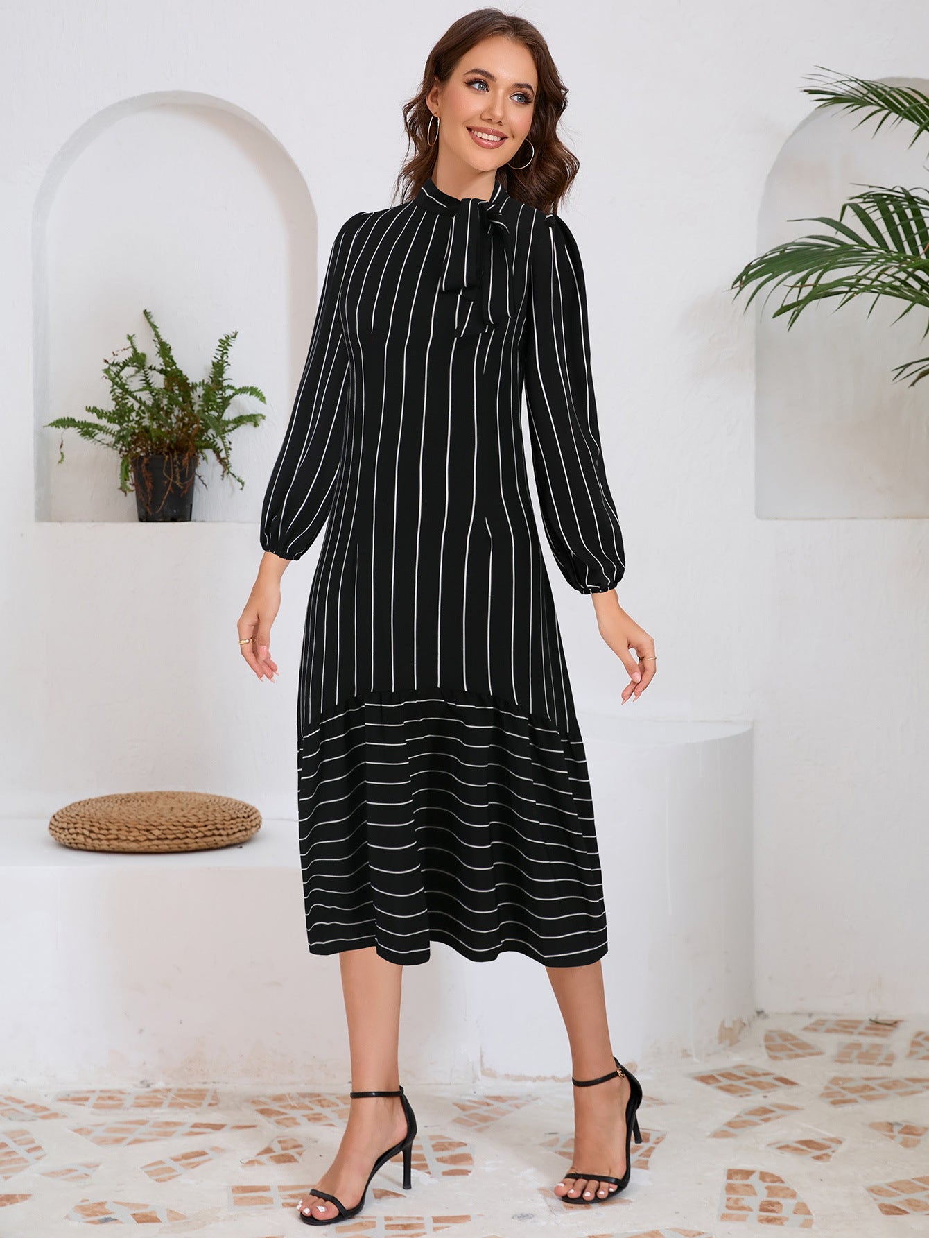 Women's Fashion Business High-grade Stand Collar Thin Stripe Dresses