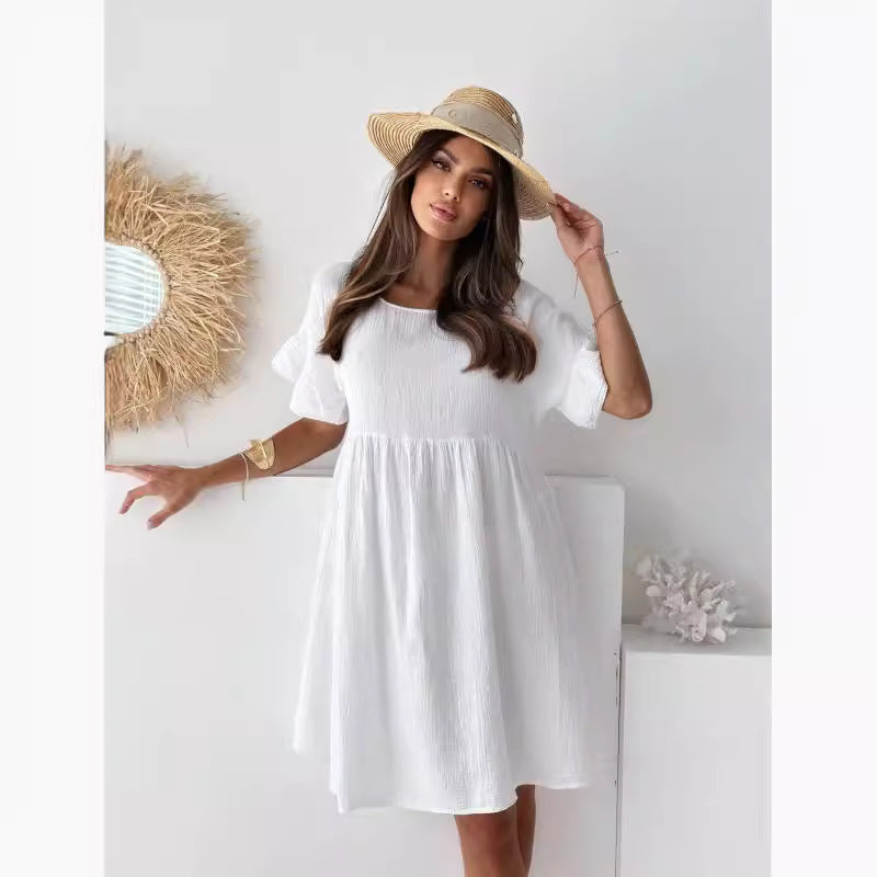 Women's Summer Round Neck Sleeve Loose Pleated Solid Dresses