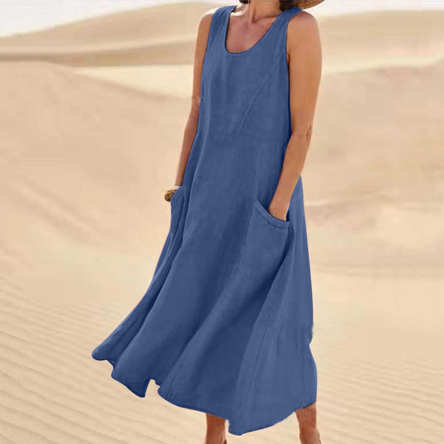 Women's Summer Pocket Sleeveless Round Neck Cotton Dresses