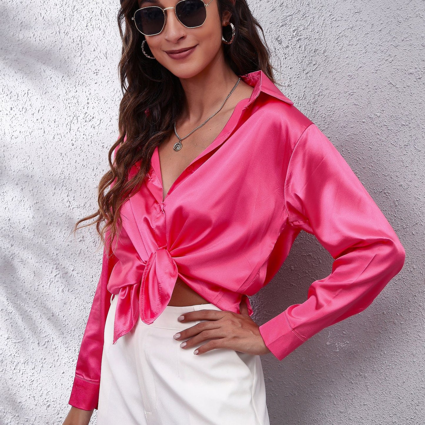 Women's Fashion Attractive Satin Shirt Long-sleeved Blouses