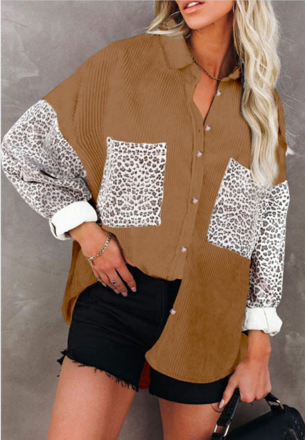 Women's Leopard Print Shirt Lapel Sunken Stripe Coats