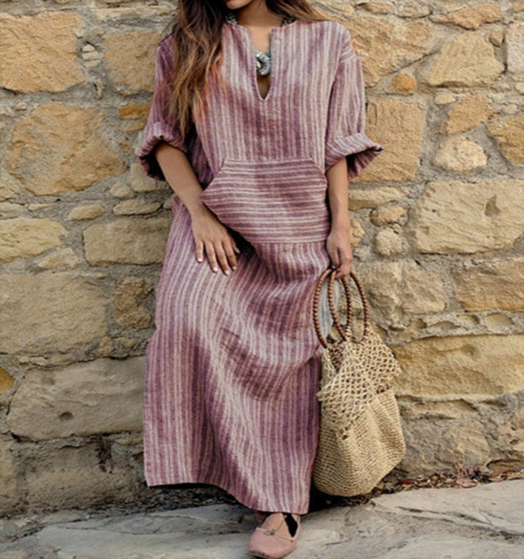 Cotton Linen Yarn-dyed Striped Loose Length Dresses