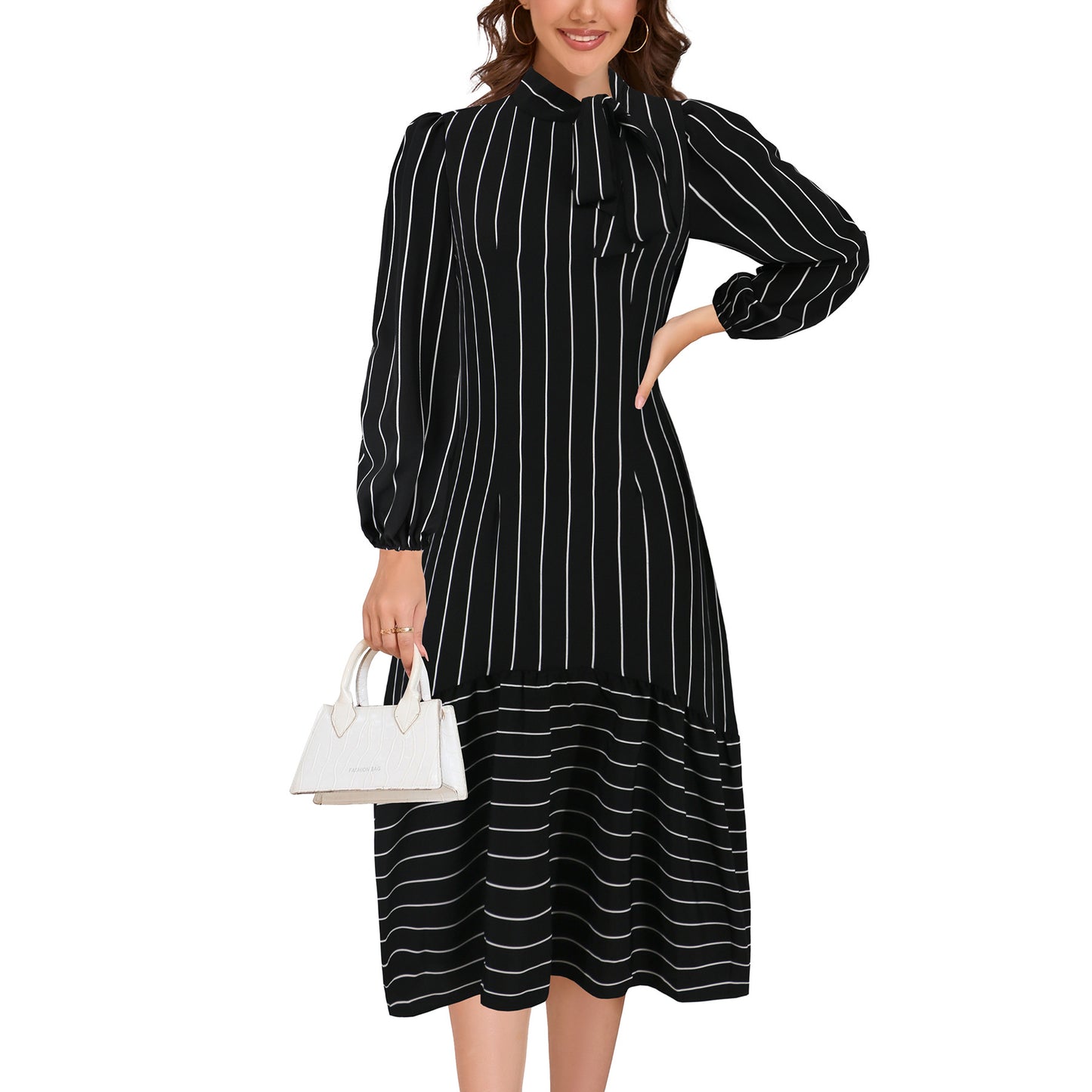 Women's Fashion Business High-grade Stand Collar Thin Stripe Dresses