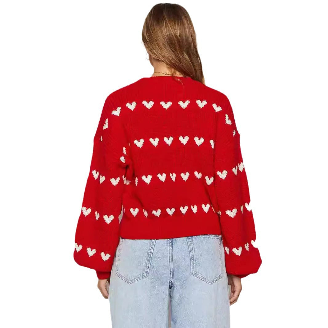 Cute Heart-shaped Two-tone Jacquard Contrast Color Sweaters