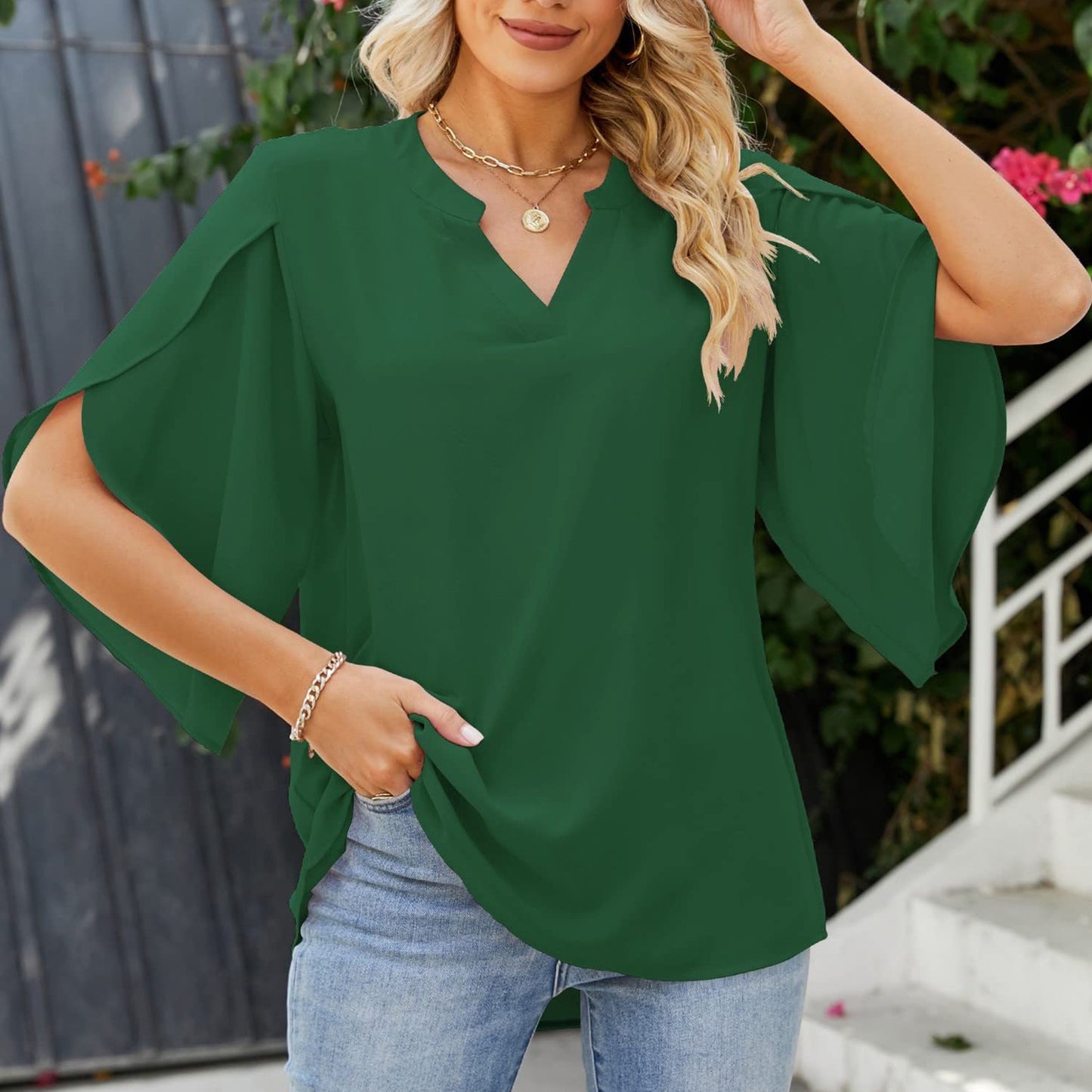 Women's Summer Petal Sleeve Loose Chiffon Shirt Blouses