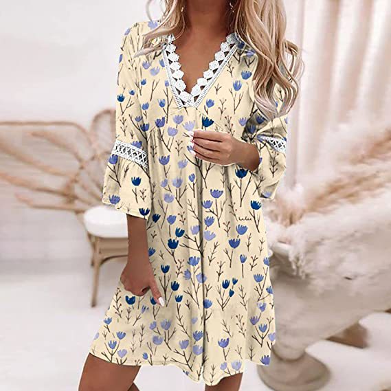 Spring V-neck Printed Lace Stitching Bohemian Casual Dresses