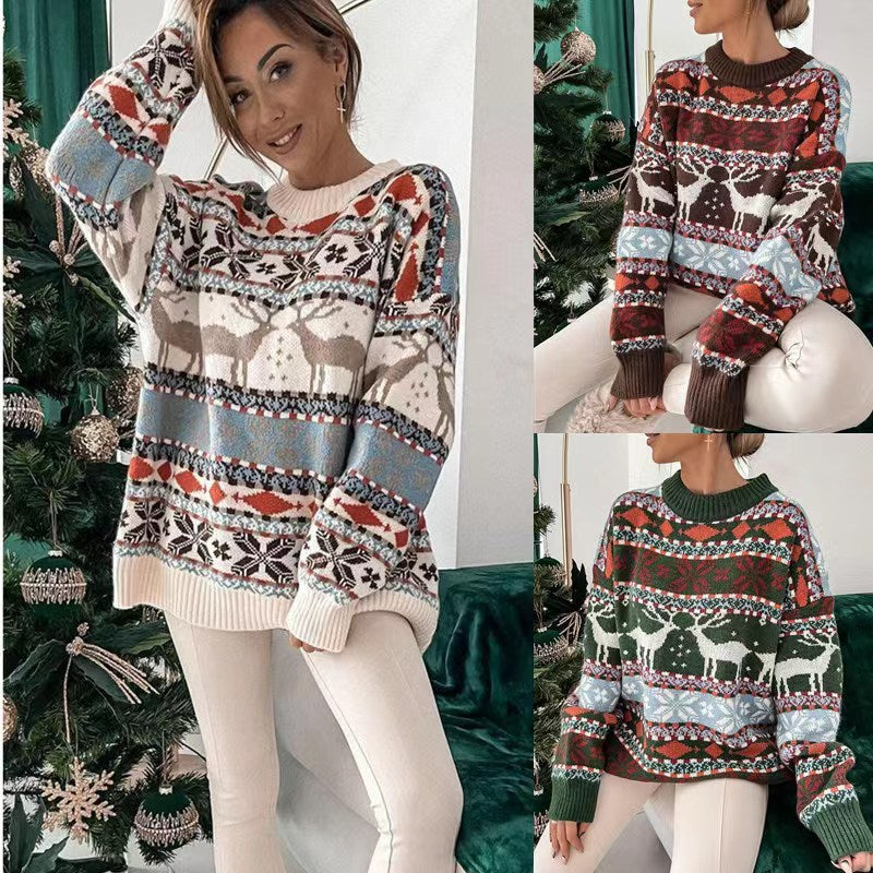 Women's Round Neck Loose Christmas Long Sleeve Sweaters