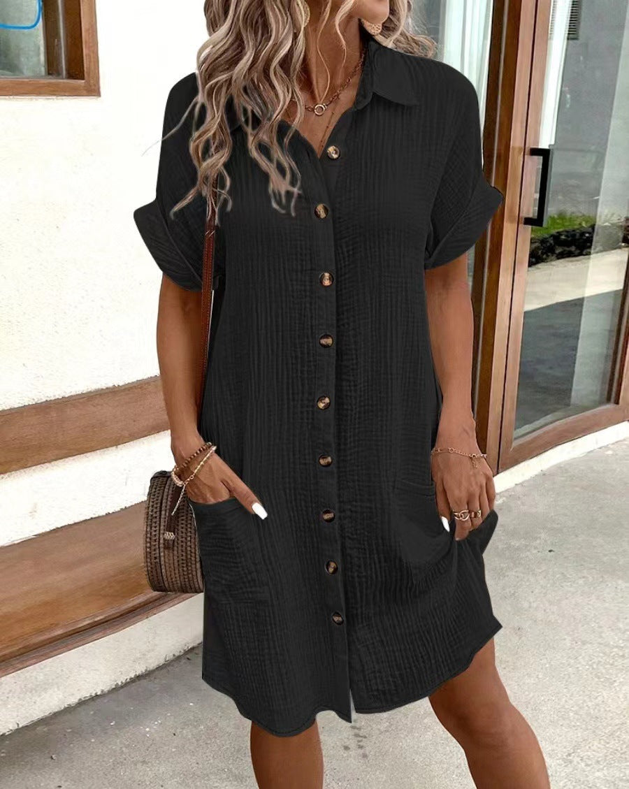 Women's Casual Solid Color Single-breasted Mid-length Sleeve Dresses