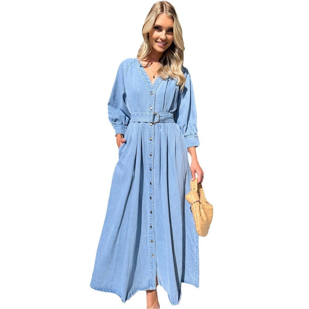 Waist Trimming Casual Style Button Denim Dresses