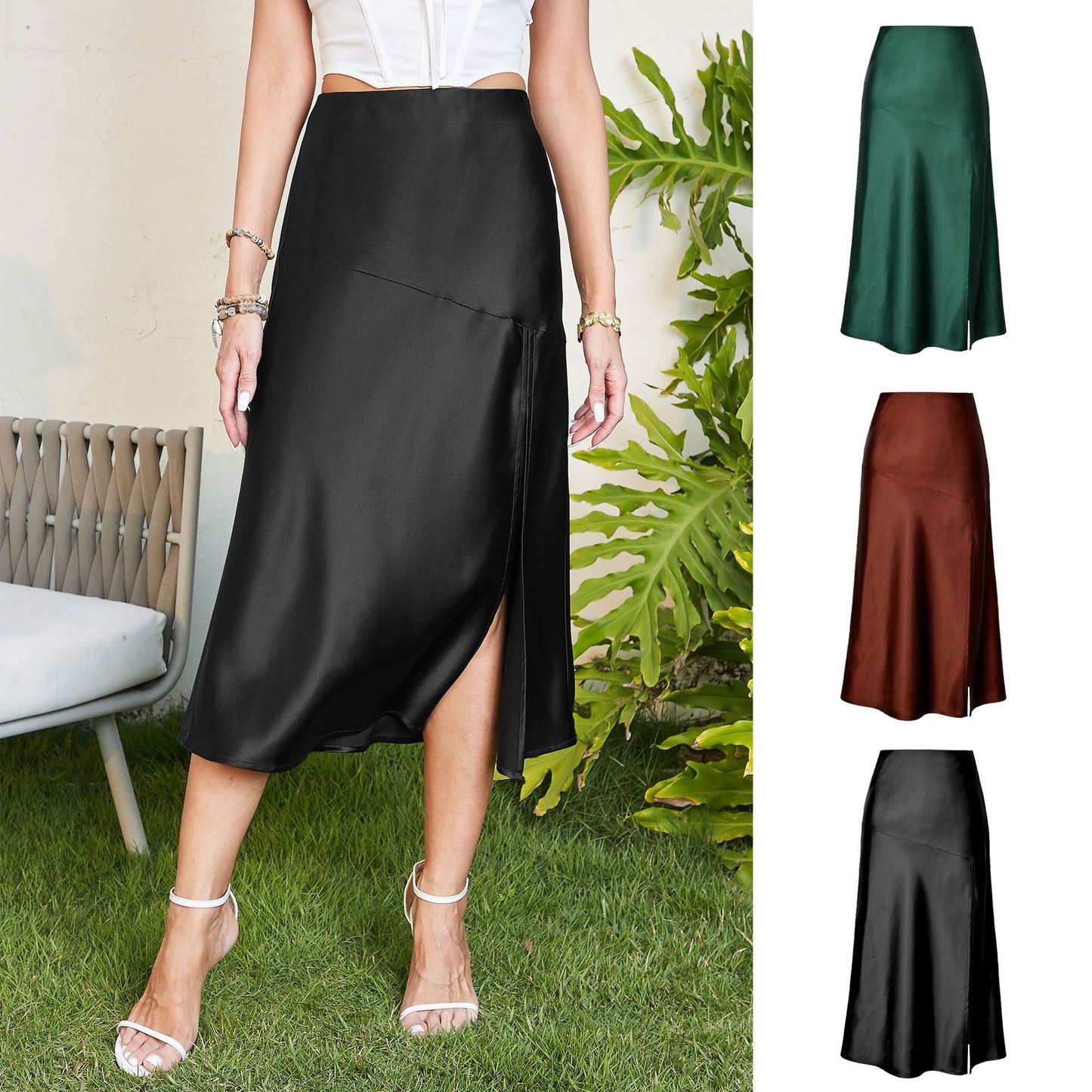 Women's Glossy Satin High-end Silky Pure Color Split Long Large Skirts