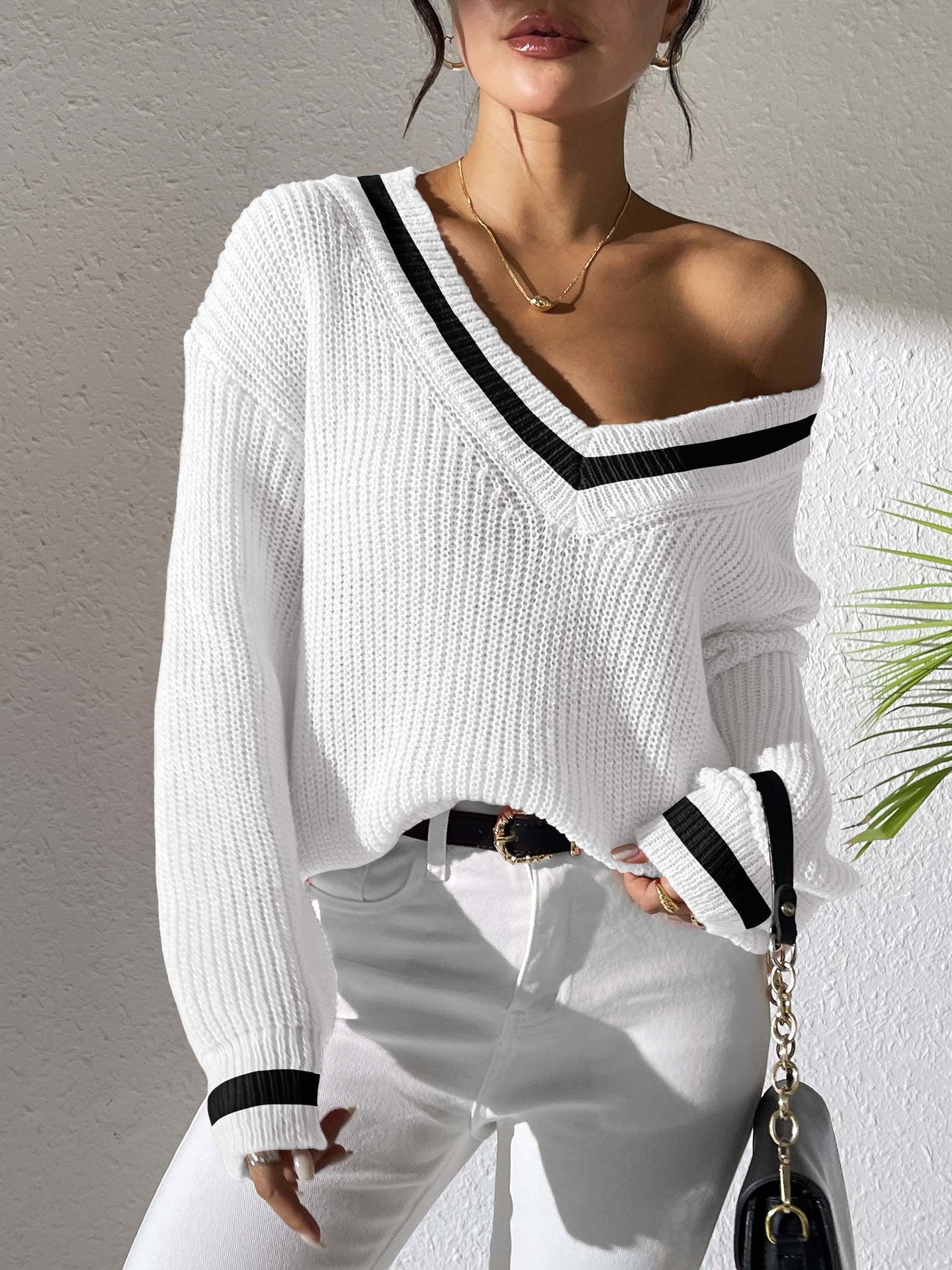 Women's Contrast Patchwork Long Sleeve Woven Casual Sweaters